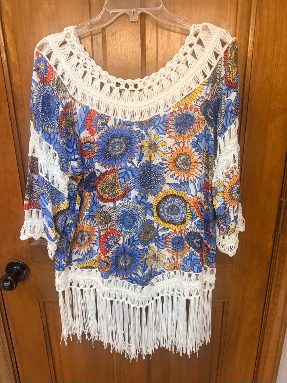 Crochet-Trim Floral Boho Tunic Top in Blue & White